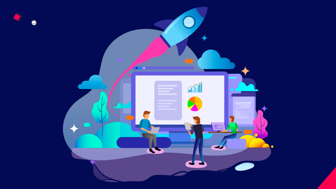 Image mise en avant – Flat design, plusieurs personnes travaillant sur un écran géant derrière lequel s’envole une fusée Image mise en avant - Flat design, plusieurs personnes travaillant sur un écran géant derrière lequel s'envole une fusée