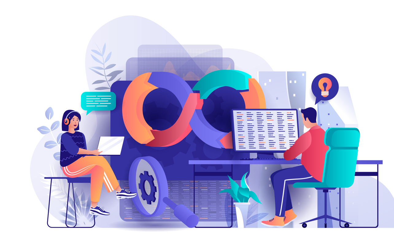 DevOps concept in flat design. Development operations scene template. Team of programmer working at laptop, coding, testing, engineering process. Vector illustration of people characters activities DevOps concept in flat design. Development operations scene template. Team of programmer working at laptop, coding, testing, engineering process. Vector illustration of people characters activities