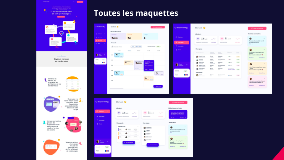 Captures d'écrans de différentes maquettes produites lors du Design Sprint mené par Fotetsa pour son client, l'entreprise Supermonday.